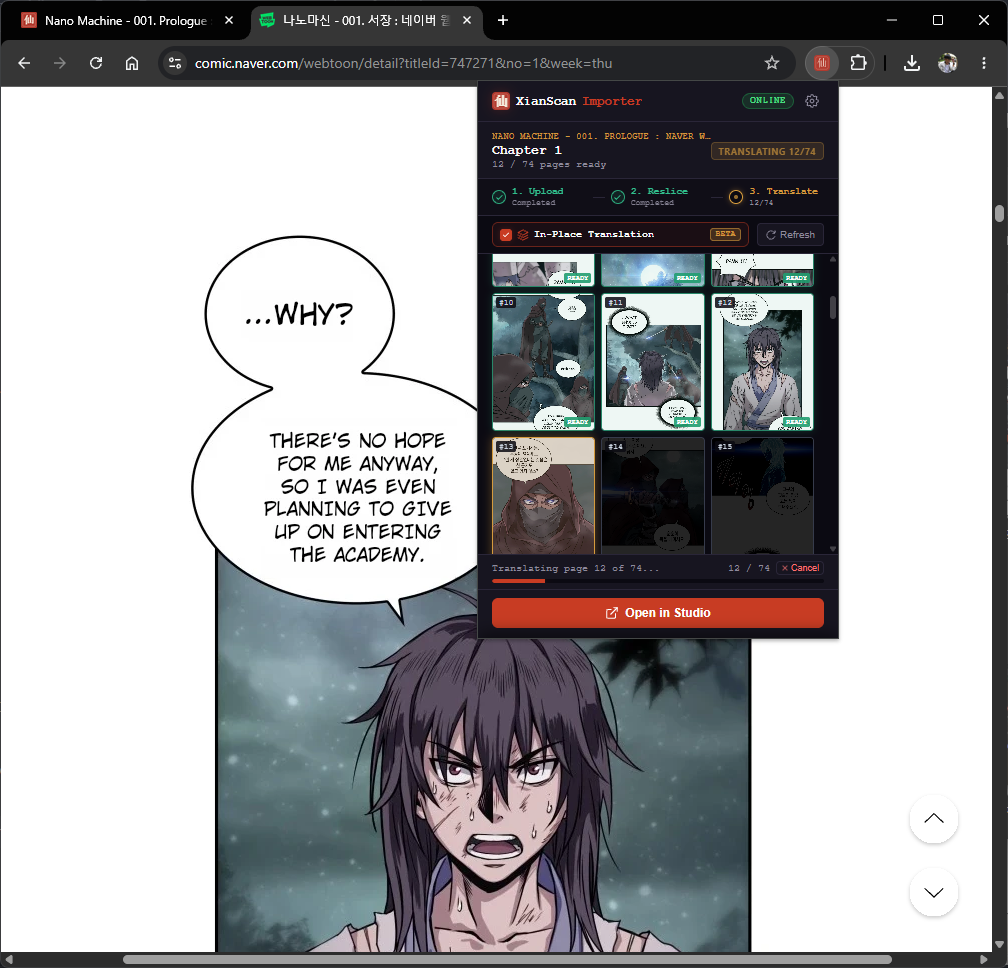 In-place translation on a comic website